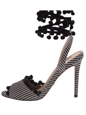 TopShop Pom Pom Black White Stripe Ankle Wrap Tie Womens Heels size 7